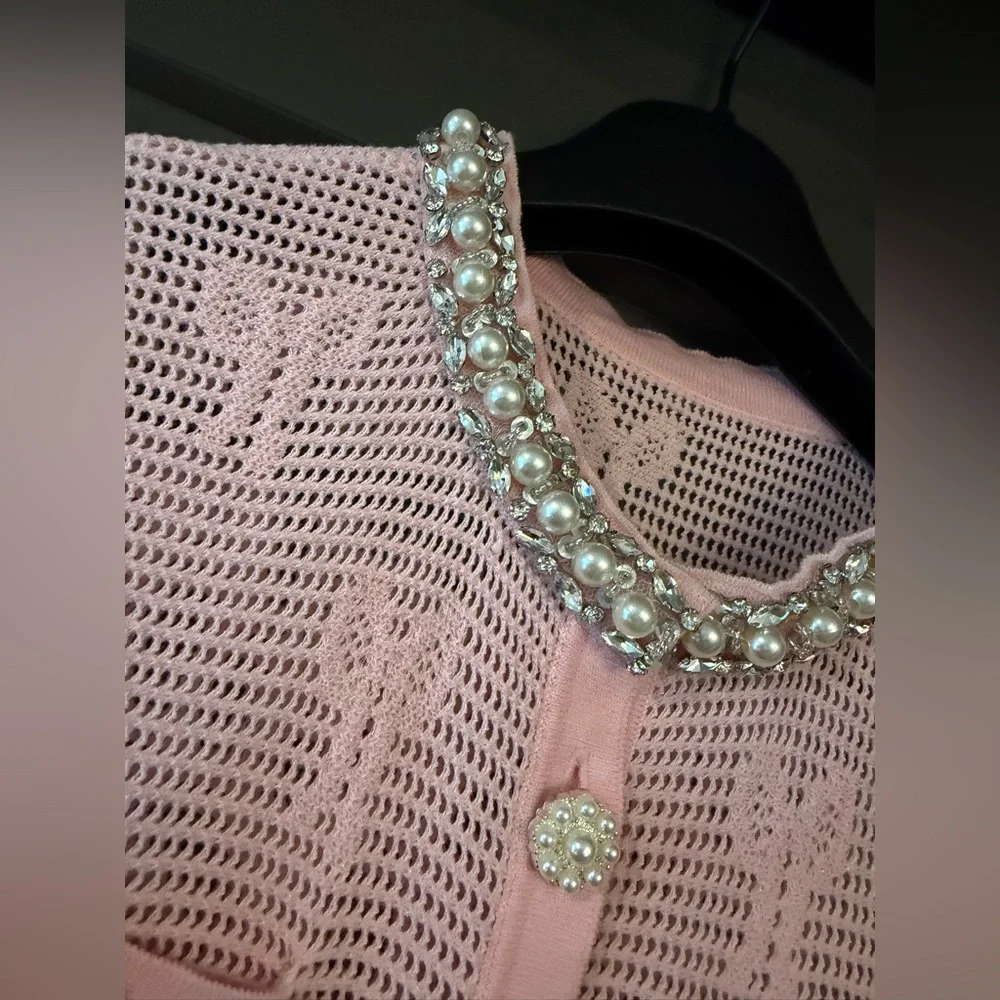 Self-Portrait Pink Short-Sleeve Knit Pocket Dress with Pearl Buttons - Picture 7 of 9